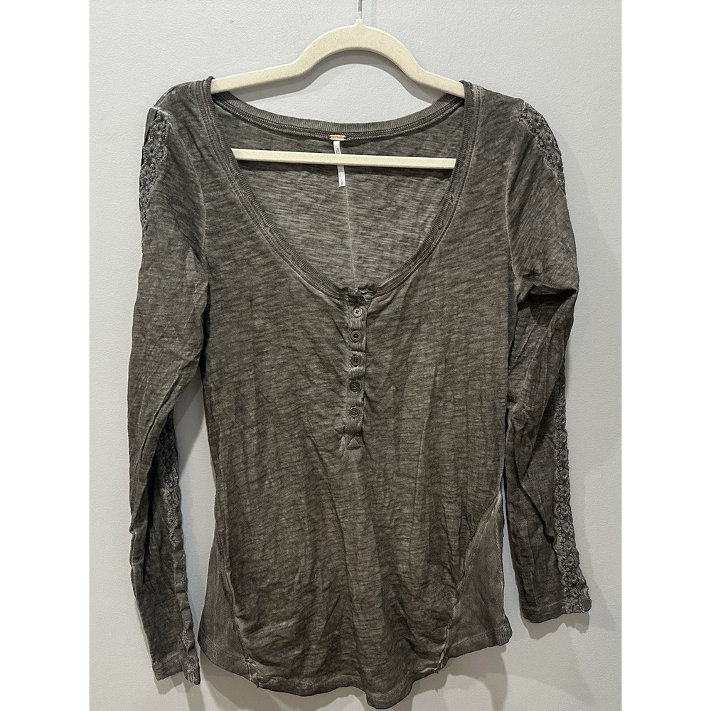 Free People Henley Green Lace Sleeve Detail Fitted‎ Boho Women's Large Festival